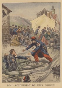 Zwei Soldaten retten eine Gruppe von Kindern, die durch das Eis eines zugefrorenen Teichs eingebrochen sind